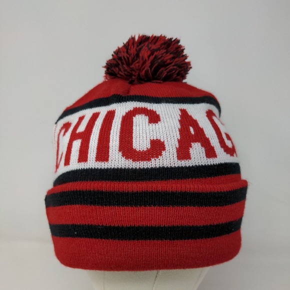 K&B Men's Knit Beanie Hat Cap Red Black Striped 100% Acrylic Pom Pom - Picture 4 of 11